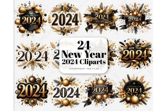Gold Black Happy New Year 2024 Cliparts for Creative Celebrations